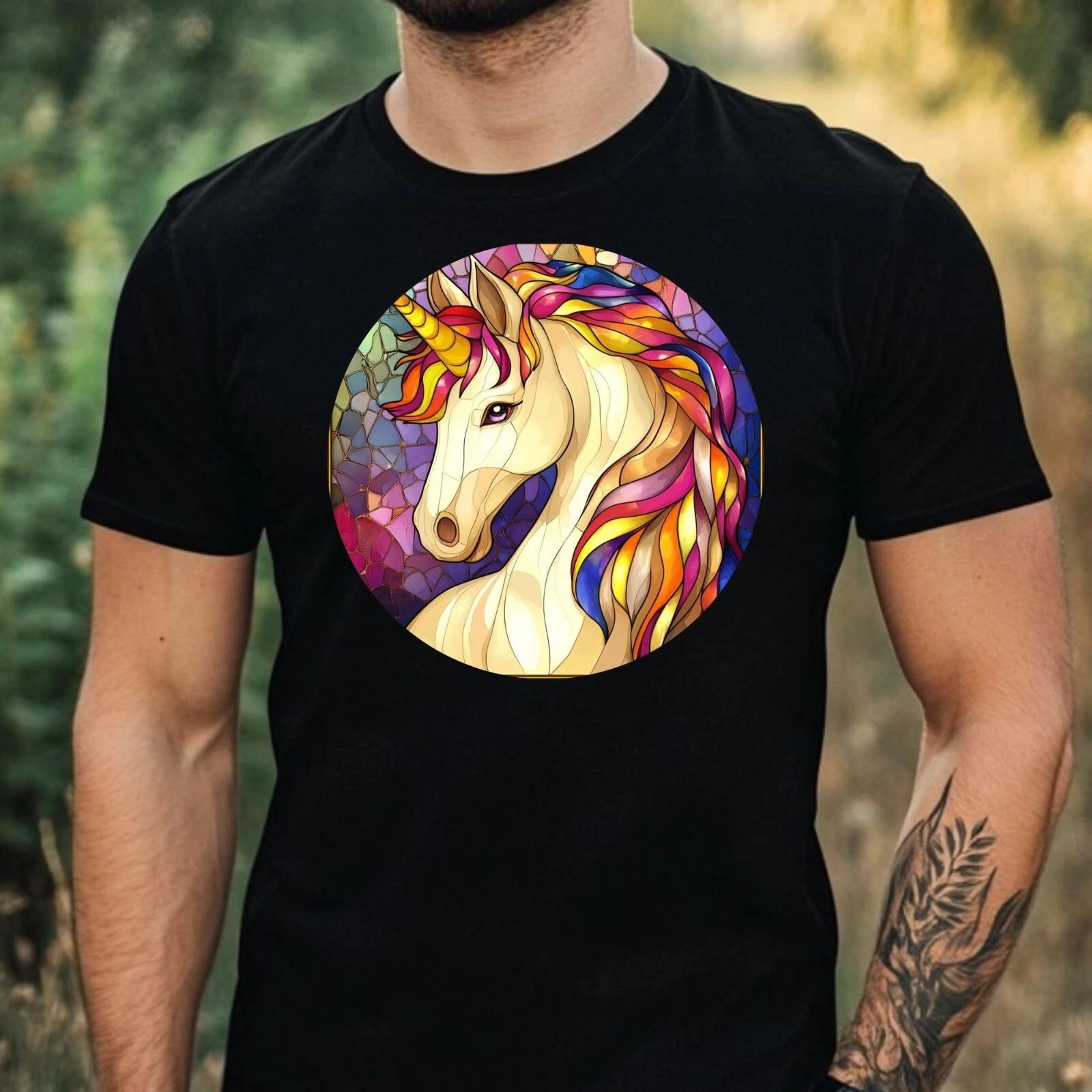T-Shirt Herren Einhorn Buntglas Motiv Baumwolle Größe XS bis 5XL XXXL