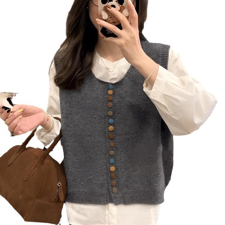 Color Button Knit Vest Women Artistic Retro Minimalist Versatile Round Neck Cardigan Waistcoat