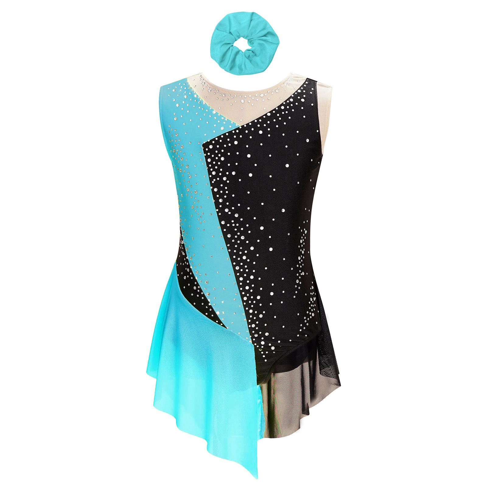 

Girls Skating Outfit Sparkly Rhinestone Color Block Leotard Sheer Mesh Patchwork Sleeveless with Hairband 5-6 Years бірюзовий