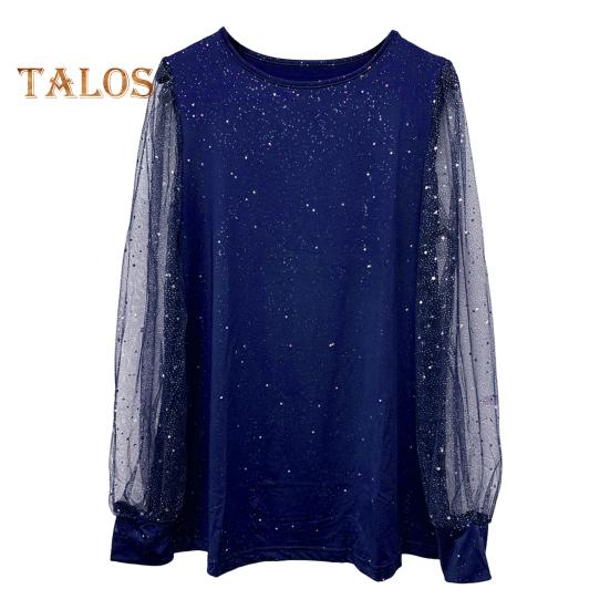 

Женская футболка с круглым вырезом, прозрачные блестящие топы с длинным рукавом, однотонные, свободного кроя, повседневные топы для повседневной носки L синий