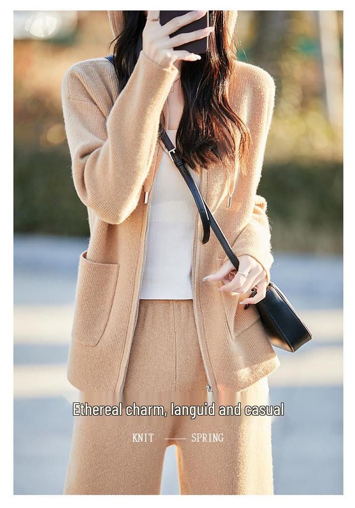 Women's Casual Wool Cardigan & High-Waisted Wide-Leg Knit Pants Set