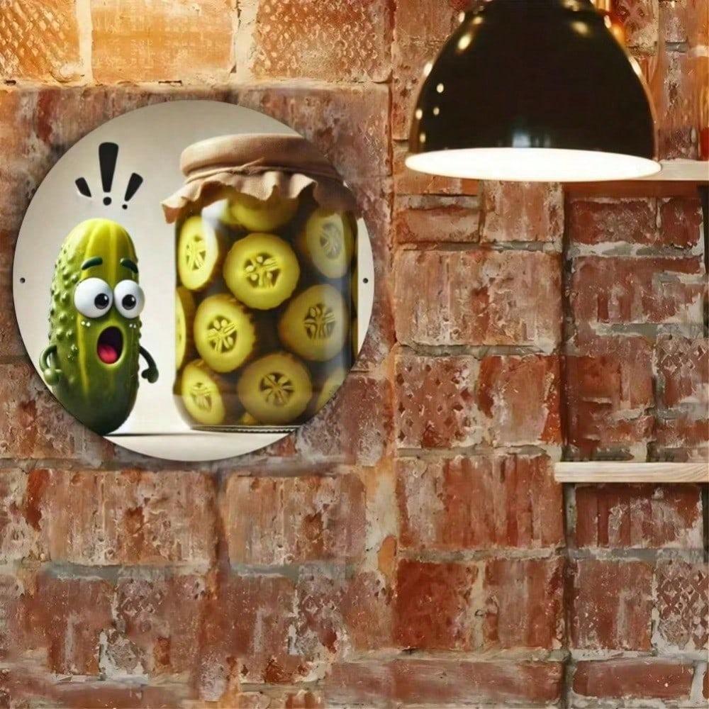Whimsical Pickle Jar Metal Sign Farmhouse Round Wall Decor Winter Printed Art Durable Indoor Outdoor Home Accent