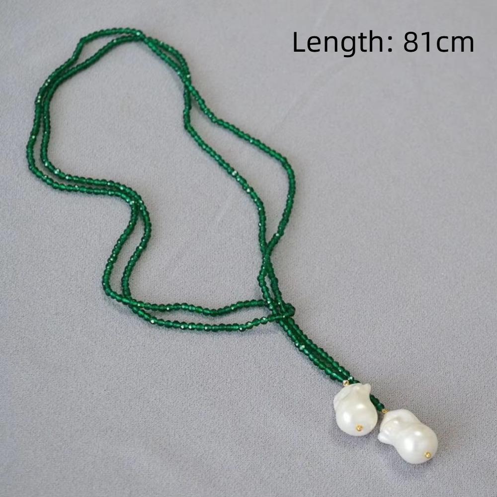 Sequins Rhinestone Neck Chain Black Green Long Necklace Vintage Imitation Pearl Pendant  Women Girl