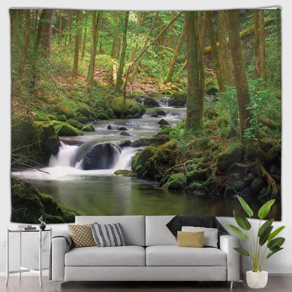Gobelin leśny wodospad krajobraz zewnętrzny piękny las obraz olejny wiszący na ścianie dekoracyjny koc sztuka salon mural
