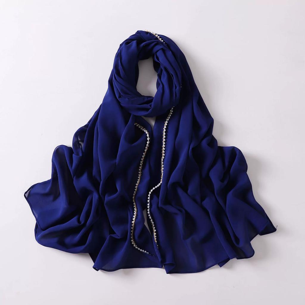 New Pearl Chiffon Hijab Scarf Copper Chain With Black Crystal Pearls Women Muslim Fashion Hijabs For Women Ramadan Turban Femme