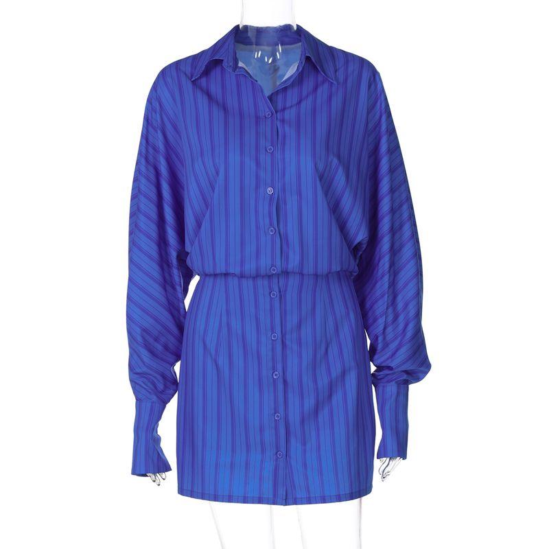 

Gusty High JGG Adult Lady like Woman Blue Stripes Shirt Dress Fashion Sexy Style Urban Modern Sheath Dress Autumn Blue S