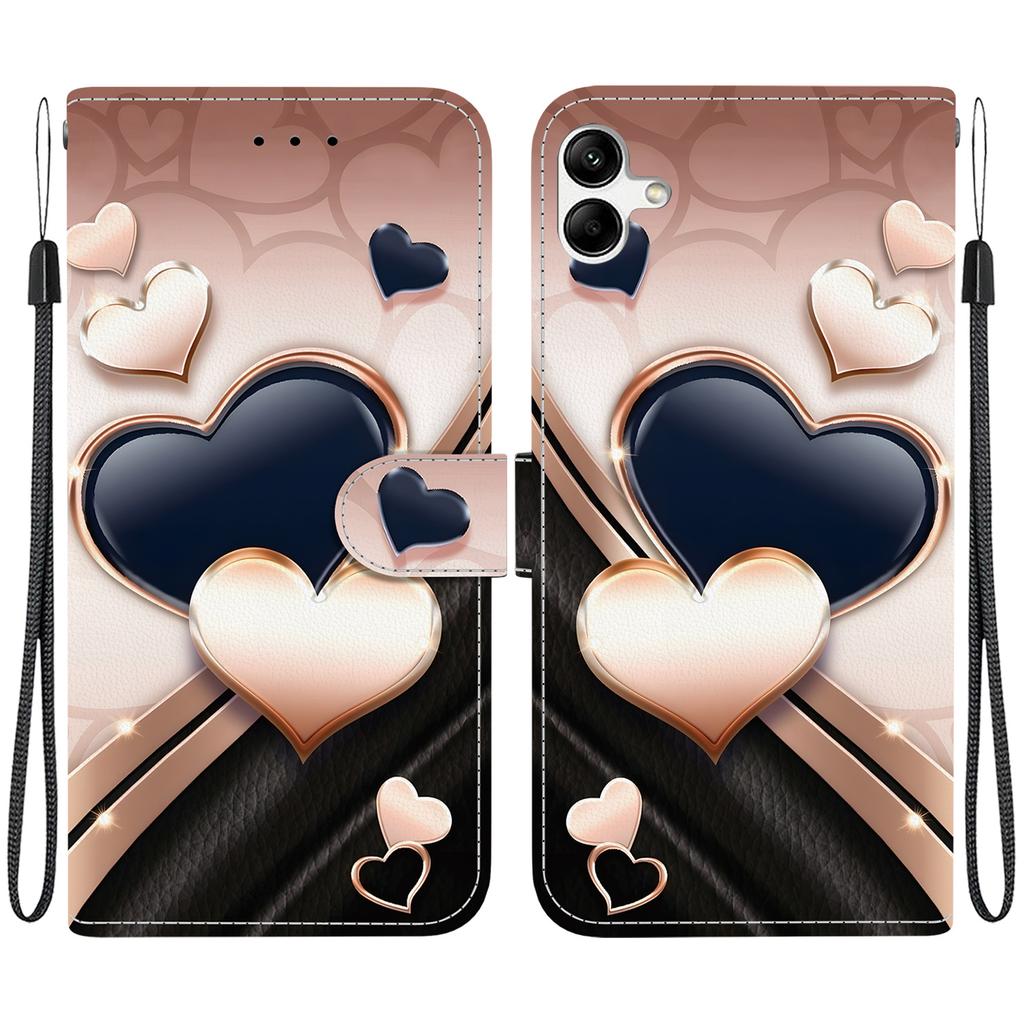 Ručně vyráběné PU kožené pouzdro s odklápěcím krytem pro Samsung A04e/F04/M04 (SM-A042F/E045F/M045F)- Protiskluzový nárazuvzdorný kryt s poutkem na zápěstí a designy srdce/růže a kočky