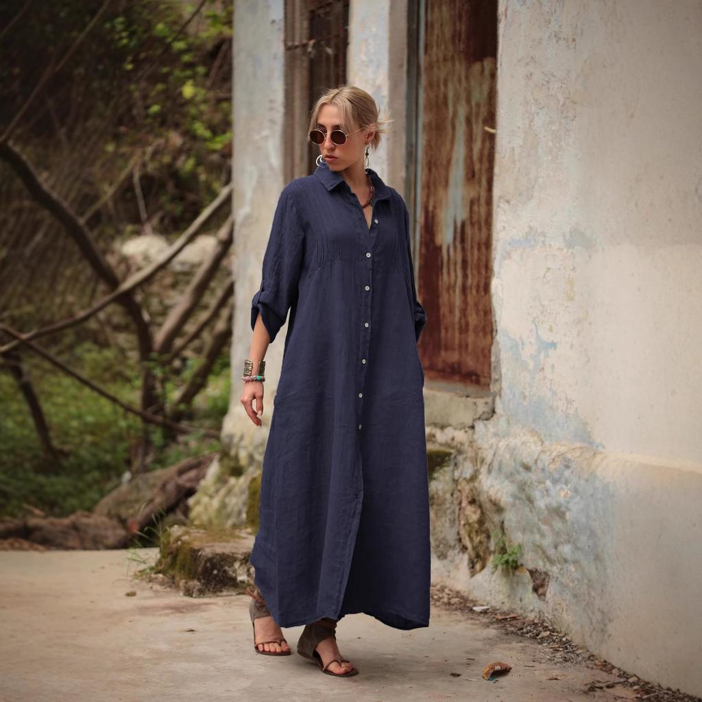 Women Long Sleeve Button Down Maxi Shirt Dress Loose Fit Casual Lapel Collar Long Robe Solid Color