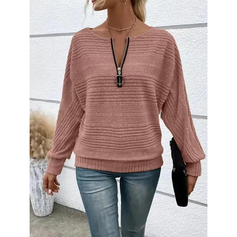 Autumn and Winter Casual Solid Color Zipper Top Women's Pullovers & Long Sleeves