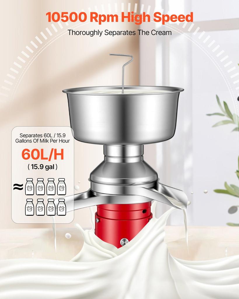 Electric Milk Cream Separator, 60L/H Output 10500RPM Milk Cream Centrifugal Separator, 304 Stainless Steel Goat Cow Milk Skimmer Separating Machine