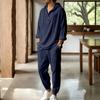 Men's Linen Hooded Two-Piece Set: Half-Zip Long Sleeve Shirt and Jogger Pants for Beach Vacation