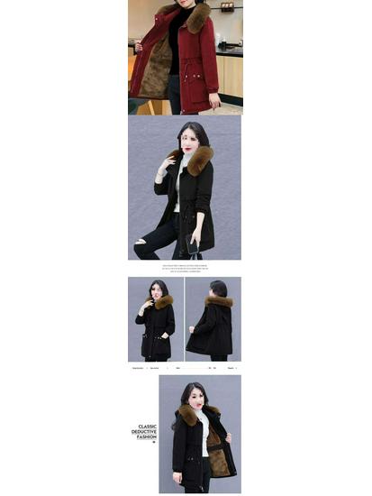 New Slim Fit Mid-Length Cotton Parka with Fur Collar and Cinched Waist