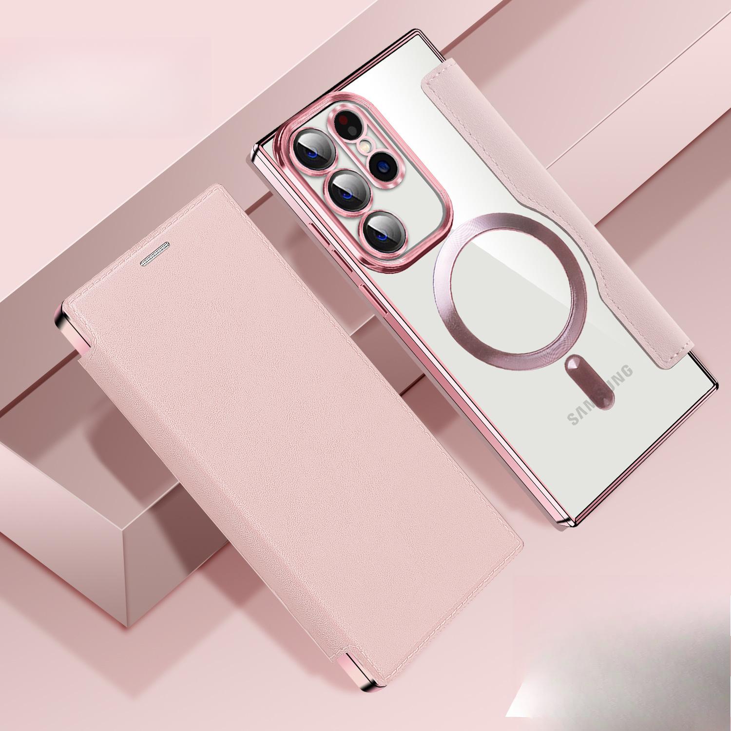 

Suitable for Samsung S25EDGE Phone Case, Flip Cover, Magnetic Charging, S24Ultra, Electroplated Shockproof, S23 S25 edge рожевий