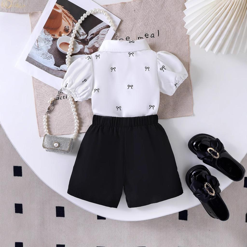 Girls' Fashionable Set Summer Children's Elegant Bow Print Short-sleeved Top + Shorts