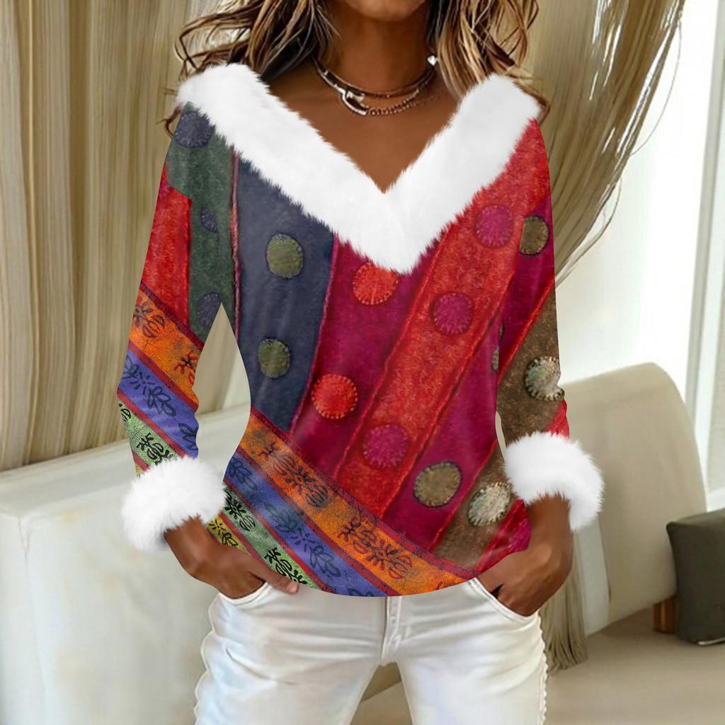 Damen T-Shirt Tee Print Shirt Langarm Party Fleece Kragen V-Ausschnitt Top