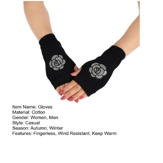1 Pair Women Gloves Rhinestone Fingerless Half Finger Thumb Hole Black Stretchy Autumn Winter Adults Writing Gloves Stage Performance Supplies