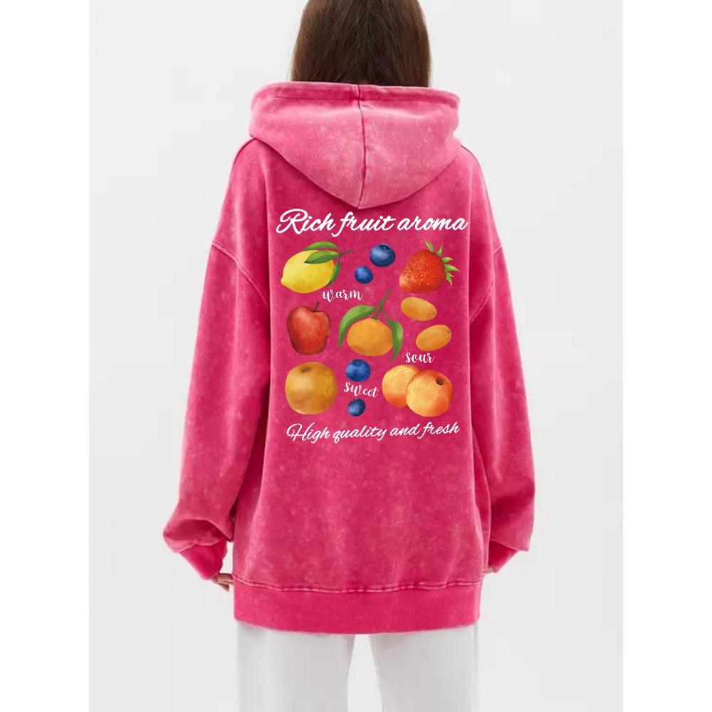 Oversized Womens Washed Hoodies Rich Fruit Aroma Printing Streetwears Comfortable Pocket Cotton Pullover Clothes