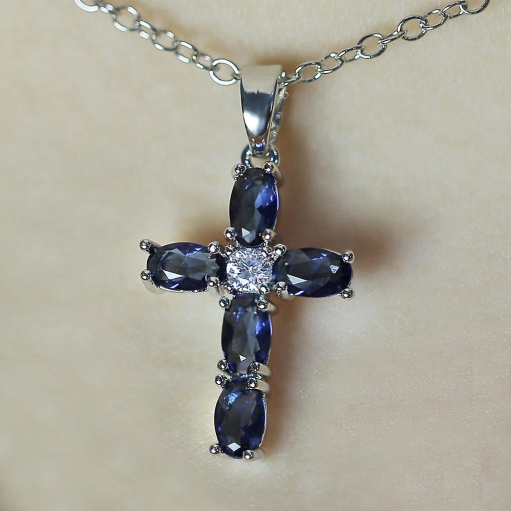 Blue Accent Cross Pendant Necklace with Central Sparkle Religious Inspired Jewelry