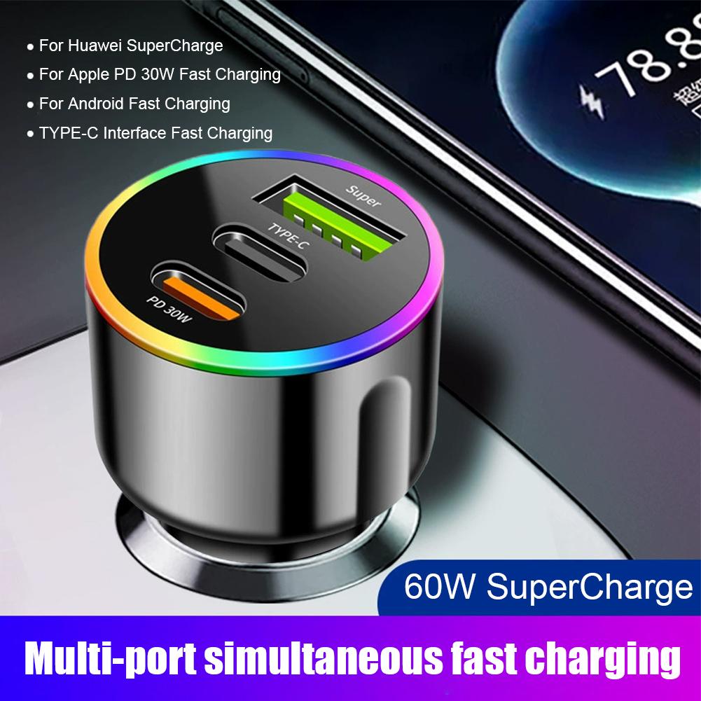 60W Fast Car Charger PD30W QC3.0 Dual Port USB C Car Charger 7 Colors RGB Ambient Light Fast Charging Adapter For Mobile Phone