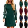 Women's Fashionable Casual Round Neck Long,Sleeve Printed Lace,Trimmed Dress