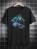Casual Round Neck T-shirt with Skateboarding Skeleton Graphic - Black Polyester Tee