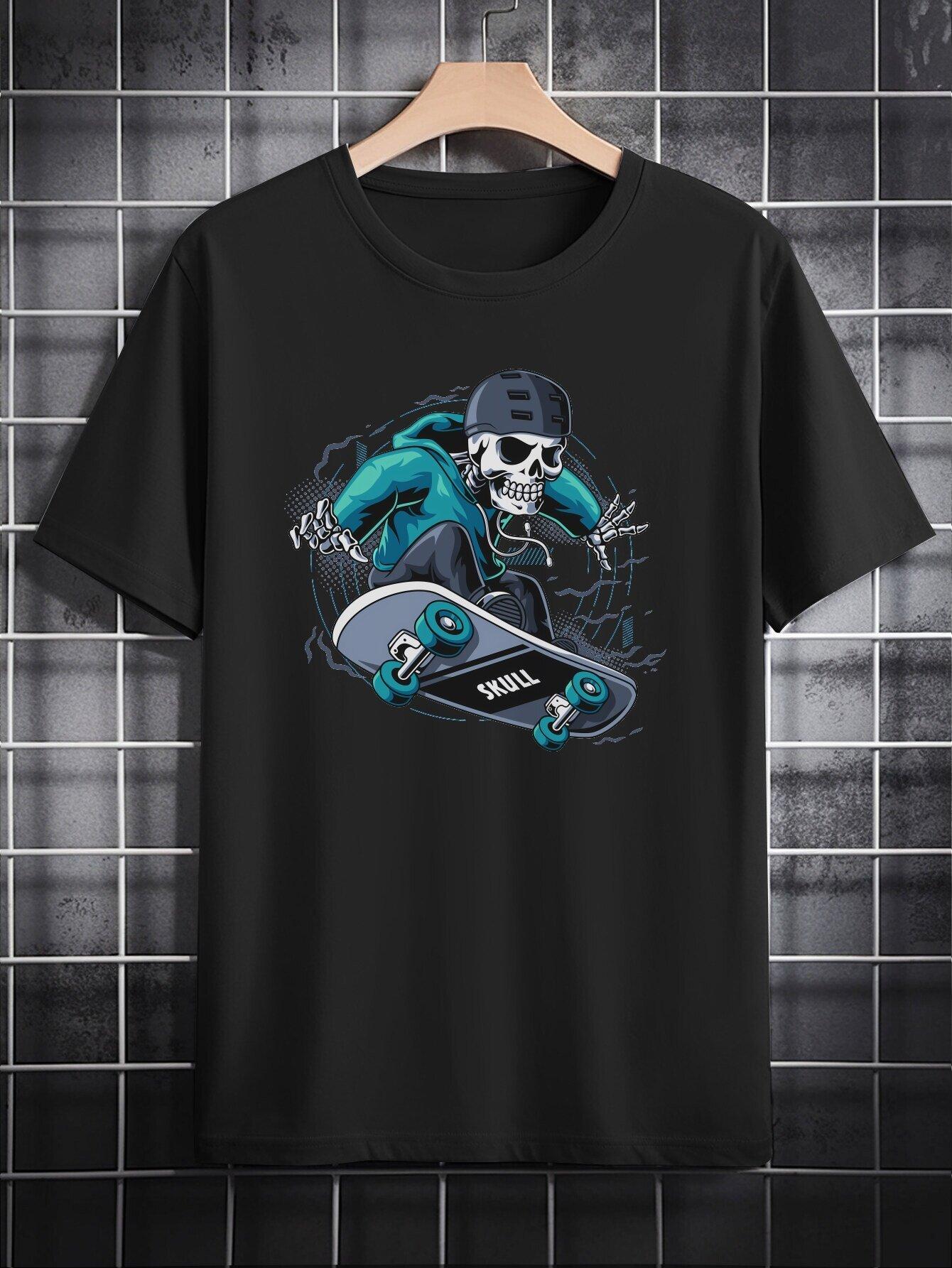 Casual Round Neck T-shirt with Skateboarding Skeleton Graphic - Black Polyester Tee S