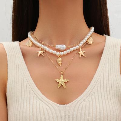 Summer Ocean Vacation Starfish Shell Conch Pearl Multi-layer Necklace Fashionable Exaggerated Multi-layer Necklace