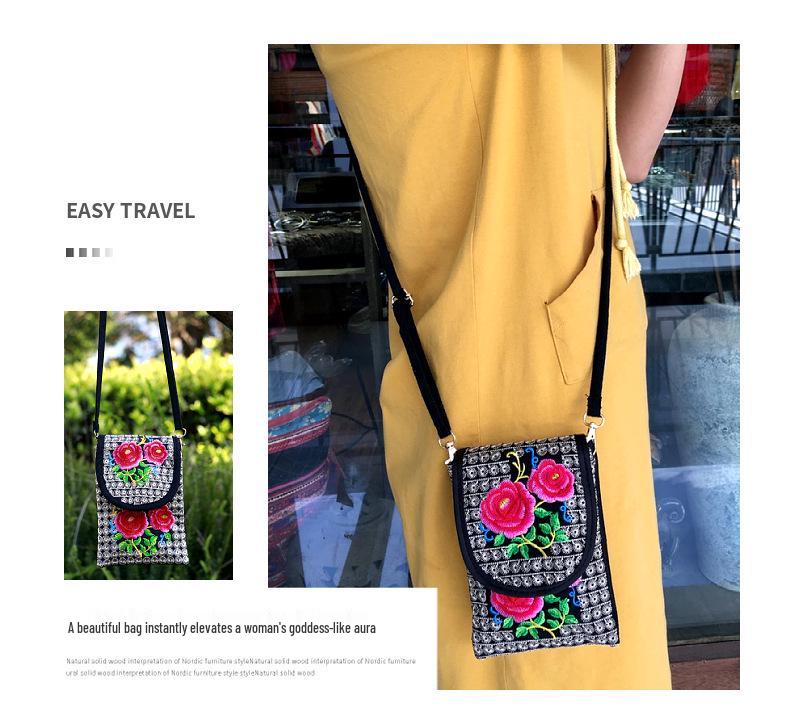 Crossbody Embroidered Womens Ethnic Canvas Handbag With Double Layer For Phone And Coins