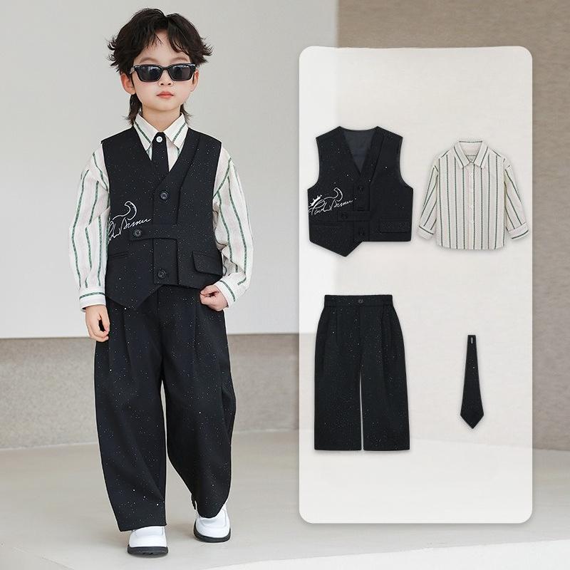 Boys Glitter Irregular Vest Suit 4-Piece Set Striped Shirt Pants Tie Kids Formal Outfit for Wedding Birthday Party Performance 2-12Y