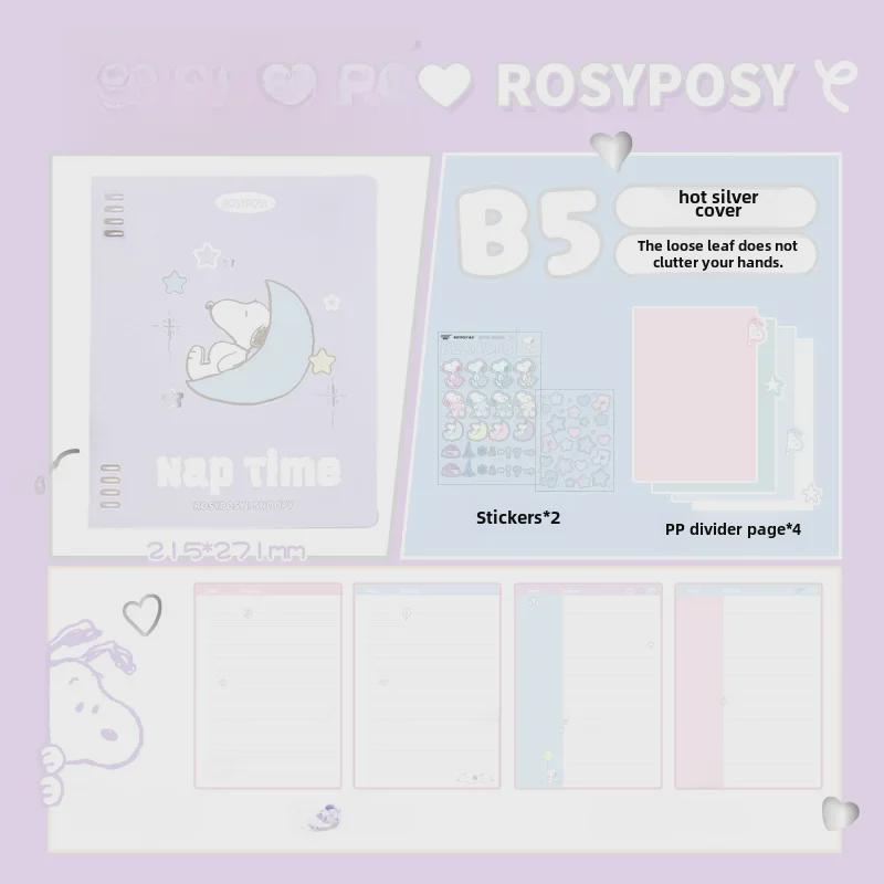 RosyPosy Snoopy Softcover Notebook: Cream Loose-Leaf with Colorful Pages, Stickers, and Horizontal Lines.
