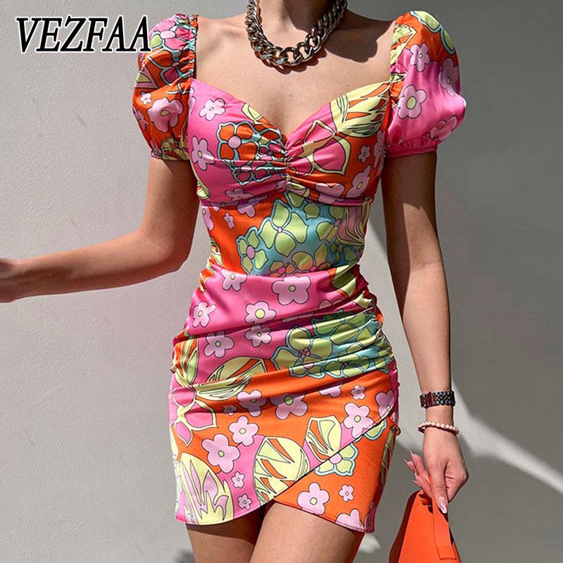 

VEZFAA женские модные летние весенние повседневные платья с цветочным узором и коротким рукавом на одно плечо и высокой талией