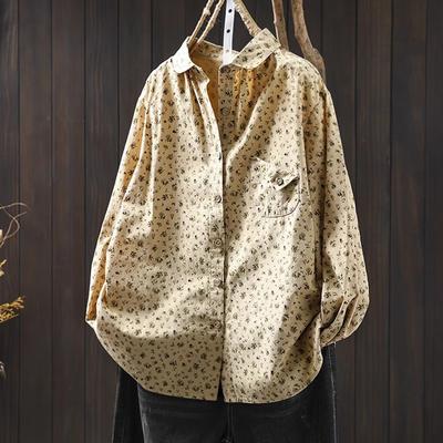 Japan Style Khaki Beige Gray Printed Shirts Long Sleeve Blouses for Women Spring Tops Middle-aged Women's Clothing