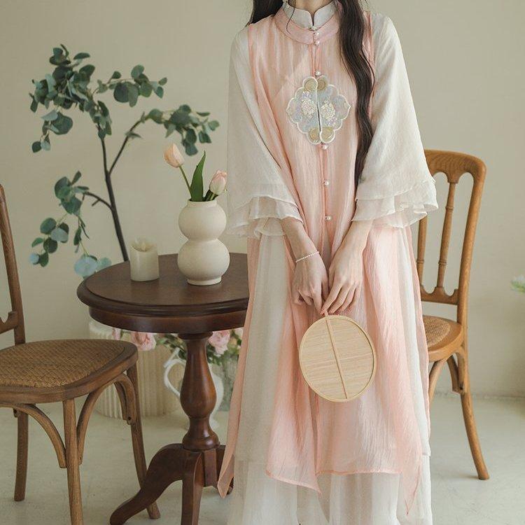 Sweet And Gentle Chinese Style Improved Embroidered Vest Ruffled Cheongsam Skirt Suit