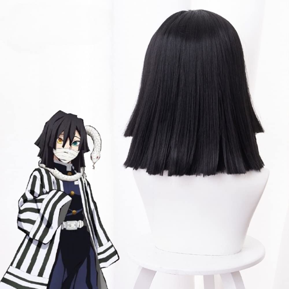Anime Iguro Obanai Cosplay Wig Kimetsu no Yaiba Black Wig with Bangs Cosume Party Short Wigs