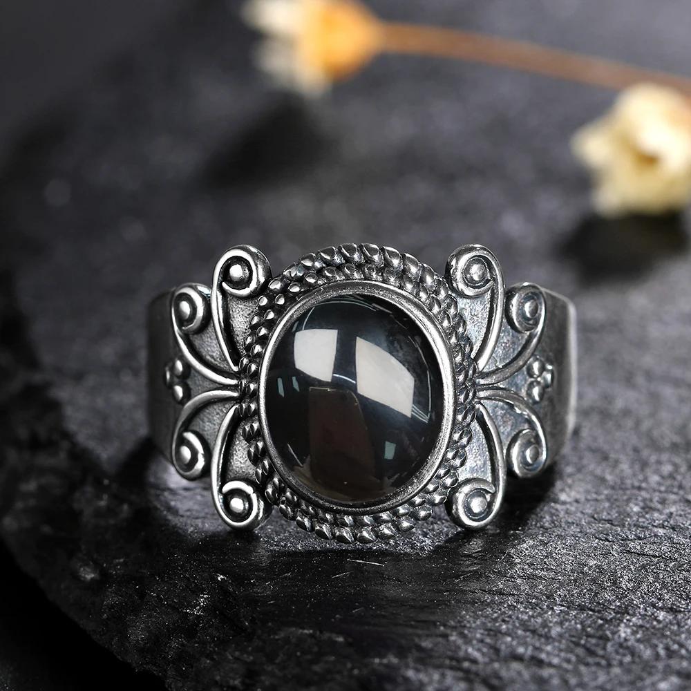 Vintage 925 Sterling Silver Black Onyx Ring Oval Shape Natural Stone Certified Fine Jewerly Retro Silver Rings for Women Men