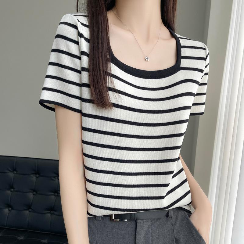 

Полосатый вязаный свитер с короткими рукавами женский летний новый свободный модный универсальный топ для ношения под низ S белый