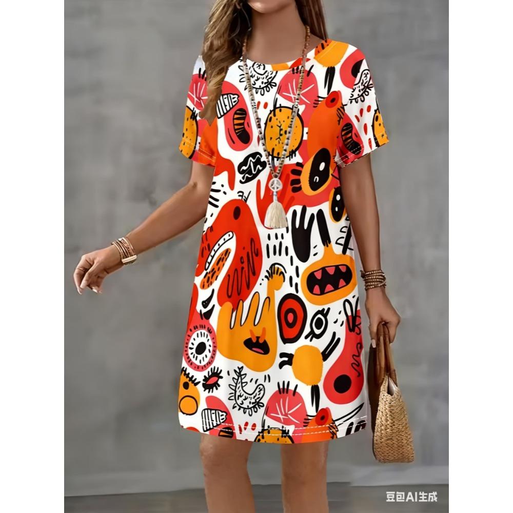 Mini-Kleid mit Rundhalsausschnitt ist für den Sommer und alle Jahreszeiten geeignet.. Es hat einen lockeren Schnitt.