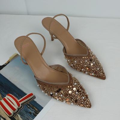 Women Sandals High Heeled Formal Party Shoes Lady Luxury Sequin Pearl Stiletto Elegant Mesh Slingbacks Black Fashion
