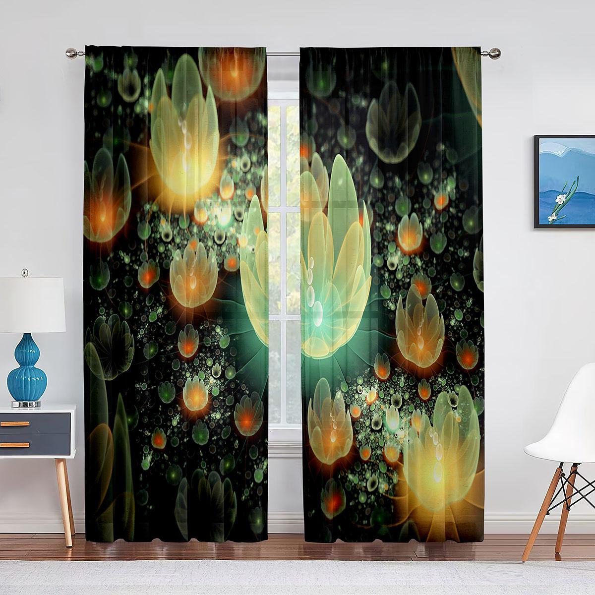 

Цветок лотоса с розоватыми лепестками, кувшинка, зеленые тюлевые шторы для гостиной, спальни, кухни, шифоновые прозрачные шторы, шторы 1 PCS W100XH250cm&Grommet Top