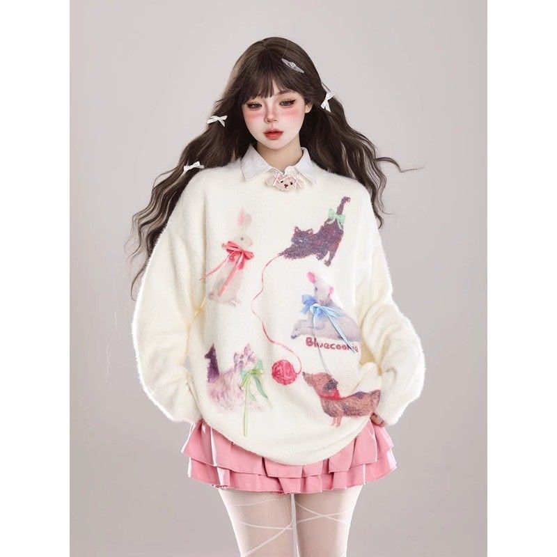 

Милый женский свитер с мультяшным узором, ленивый стиль, нежный круглый вырез, вязаные свитера, осенняя мода, универсальный женский пуловер Onesize