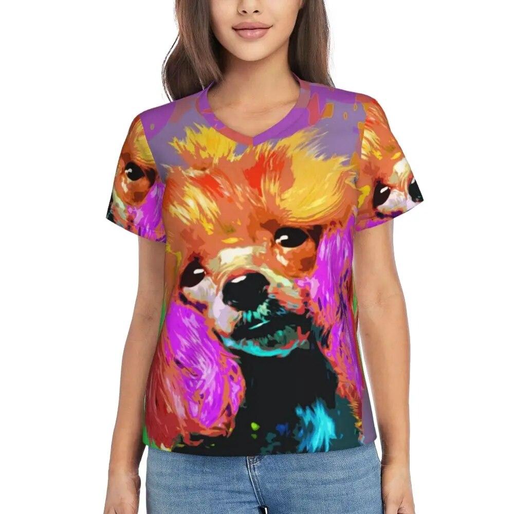 Cute Poodle Print T-Shirts Life Is Better V Neck Fashion Oversized T-Shirt Short Sleeve Woman Aesthetic Tshirt Design Top Tees