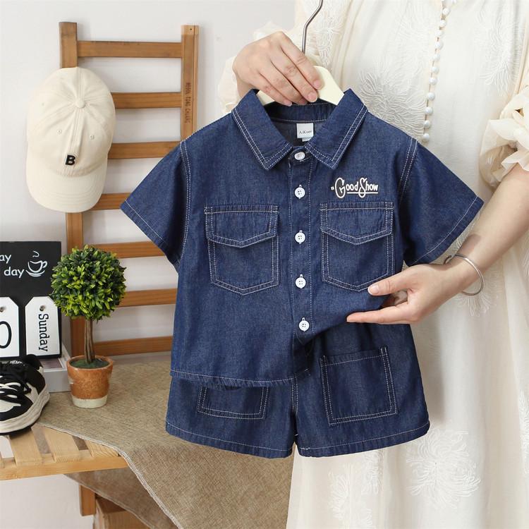 2026 Boys' Summer Denim Set: Short Sleeve Shirt & Shorts with Embroidered Letters