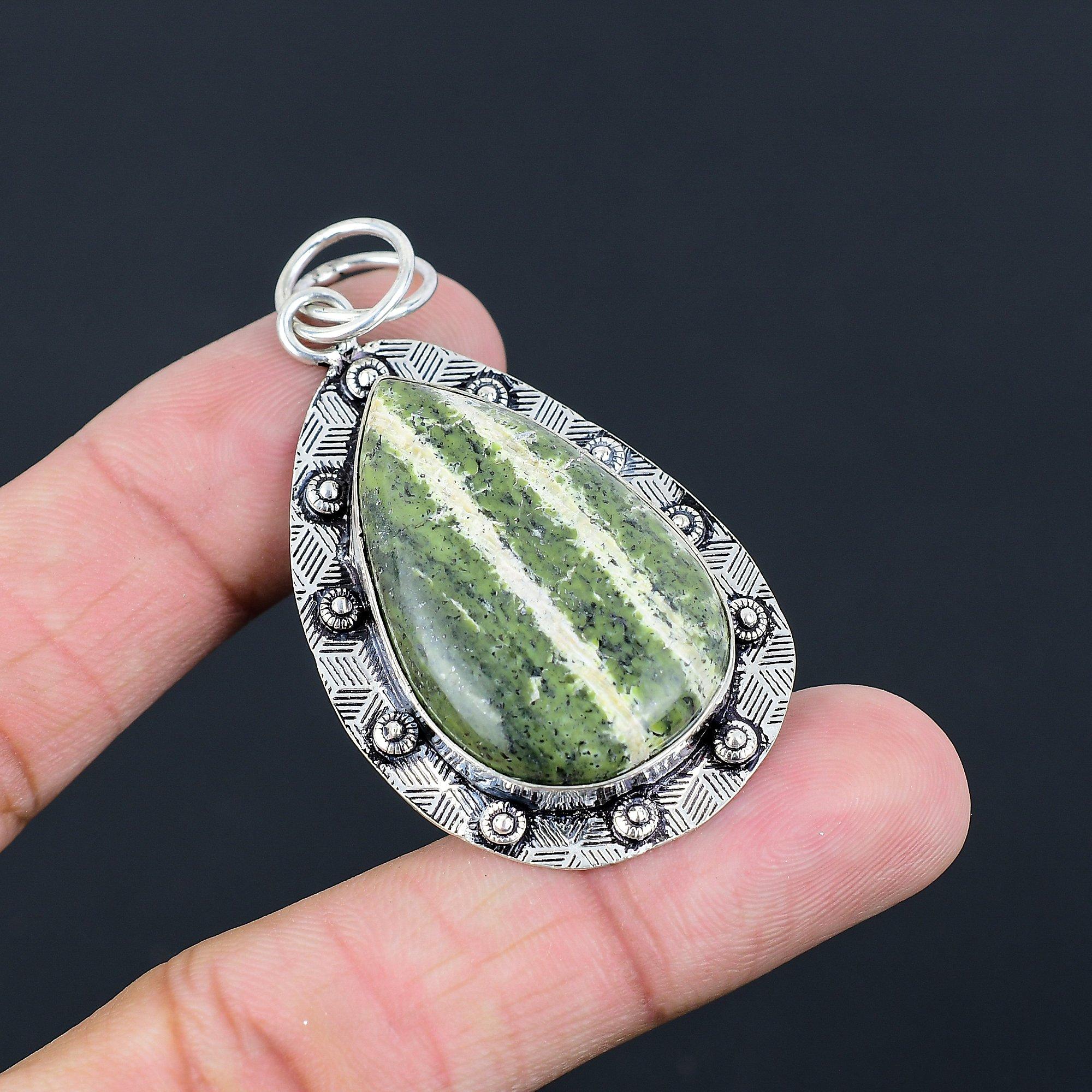 Pear Swiss Green Opal Gemstone Heart Chakra Elegant Pendant 925 Sterling Silver