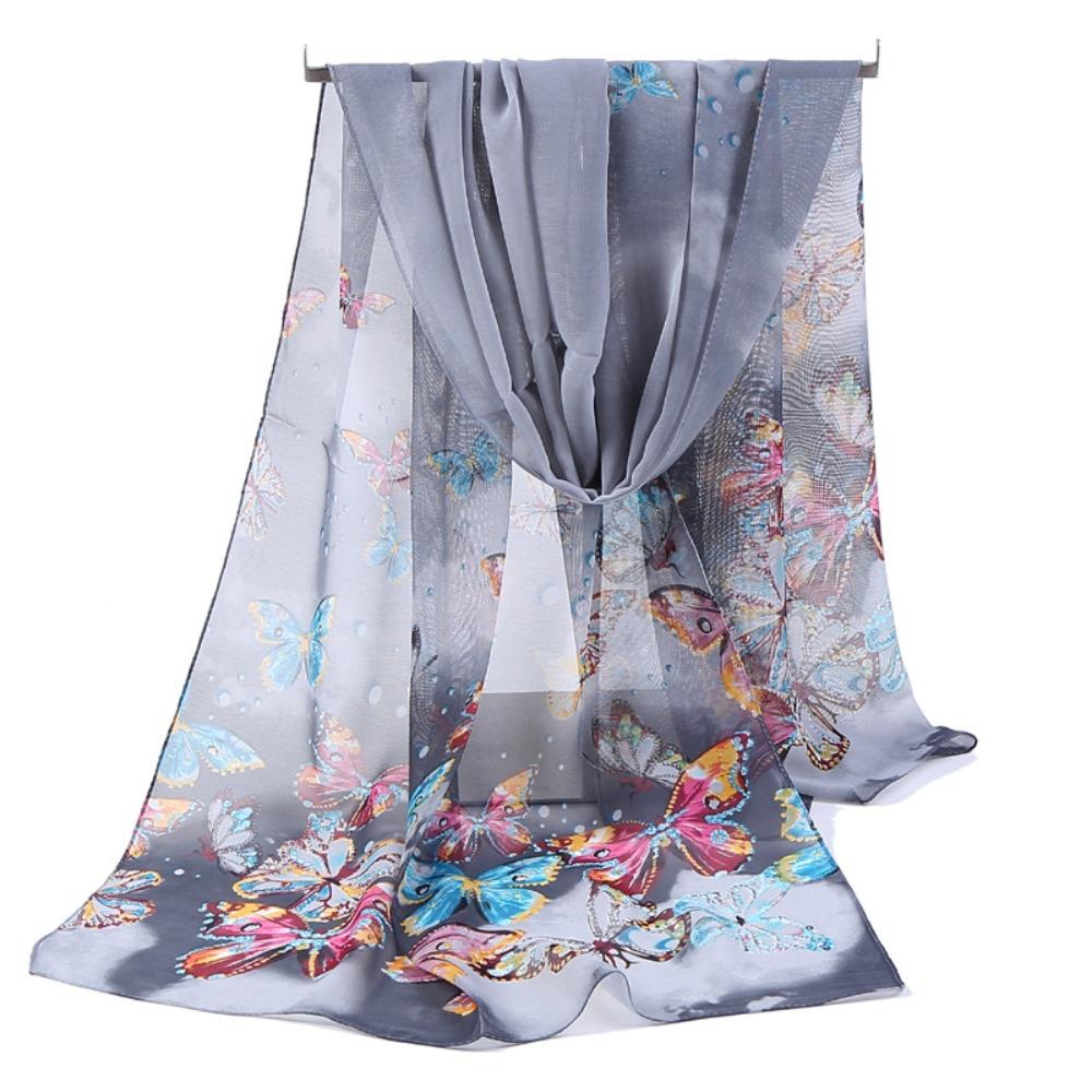Sunscreen Long Wrap Shawl Butterfly Print Beach Gauze Scarf Elegant Shawl Silk  for Women