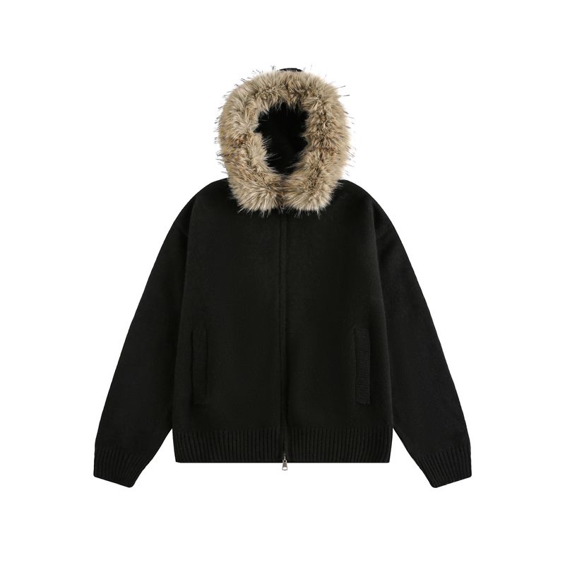 Dream Made American-Style Fur Collar Hooded Cardigan Sweater for Men, Autumn and Winter Thickened Couple Knitwear Jacket