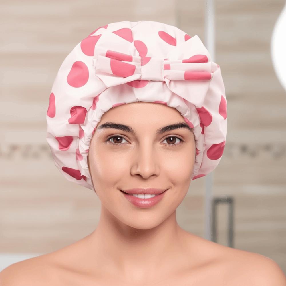 Waterproof Double-layer Bath Cap Polka Dots Hair Care Hat Practical Shower Cap  Travel