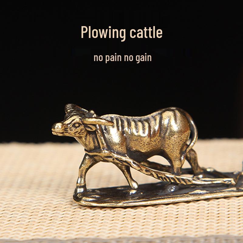 Brass Old Man and Ox Farmer Tea Pet Ornament - Office Desk Decoration