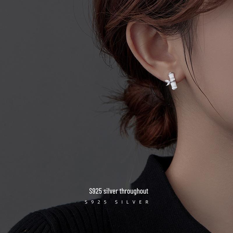 Banyan Tree S925 Silver Bamboo & Cat's Eye Stone Earrings for Women - Small Ancient Chinese Palace Style Design