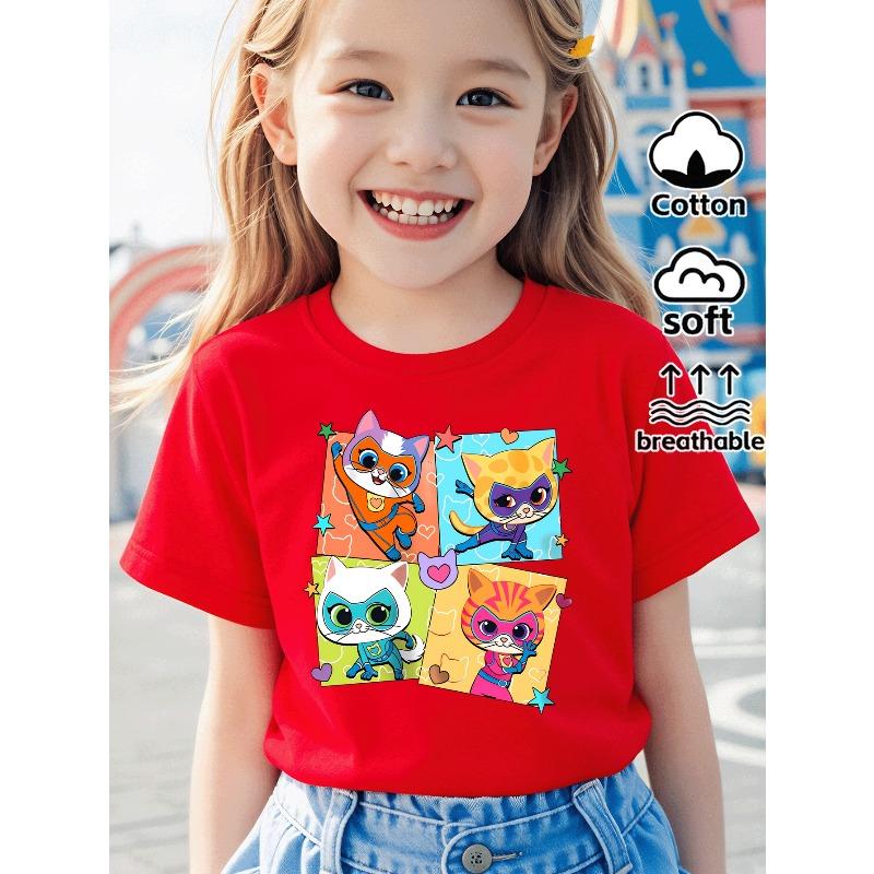 European Sizes Super Cat Heroes Adventure Girls T-Shirt Soft & Comfortable Everyday Top, Suitable for Home, Outdoor, and Sports Activities