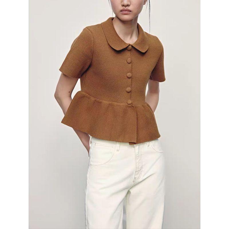 Za2025 Spring New Women clothes Single-Breasted Lapel Short sleeve Short Skirt Hem Knitted Outerwear 2142012